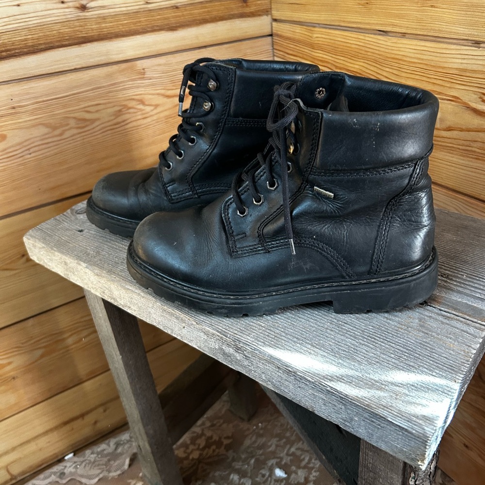 Classic Black Men's Size 7.5 Leather Boots Ankle Hiking Swiss Moto Goth Grunge‎